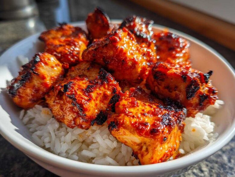 Close-up of charred, vibrant red harissa chicken pieces served over fluffy white rice in a white bowl.