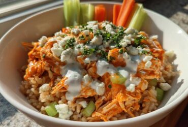Close-up of a healthy buffalo chicken bowl featuring shredded chicken in orange sauce over brown rice, topped with blue cheese and ranch dressing.