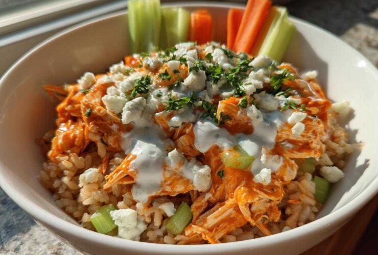 Close-up of a healthy buffalo chicken bowl featuring shredded chicken in orange sauce over brown rice, topped with blue cheese and ranch dressing.