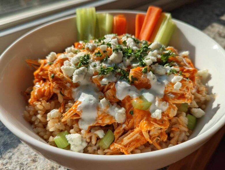 Close-up of a healthy buffalo chicken bowl featuring shredded chicken in orange sauce over brown rice, topped with blue cheese and ranch dressing.
