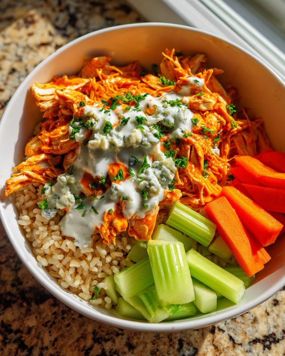 Close-up of a healthy buffalo chicken bowl featuring shredded chicken, brown rice, celery, carrots, and blue cheese dressing.