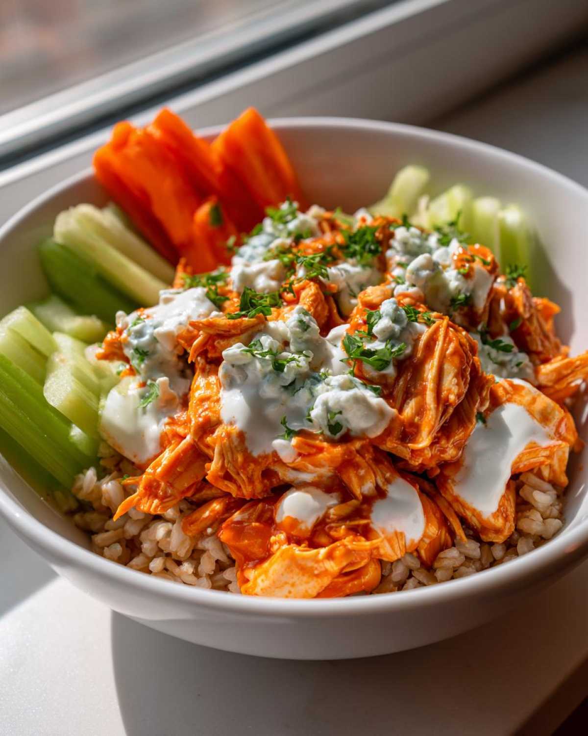 Close-up of a healthy buffalo chicken bowl served over brown rice, topped with blue cheese dressing and fresh parsley, with celery and carrots on the side.