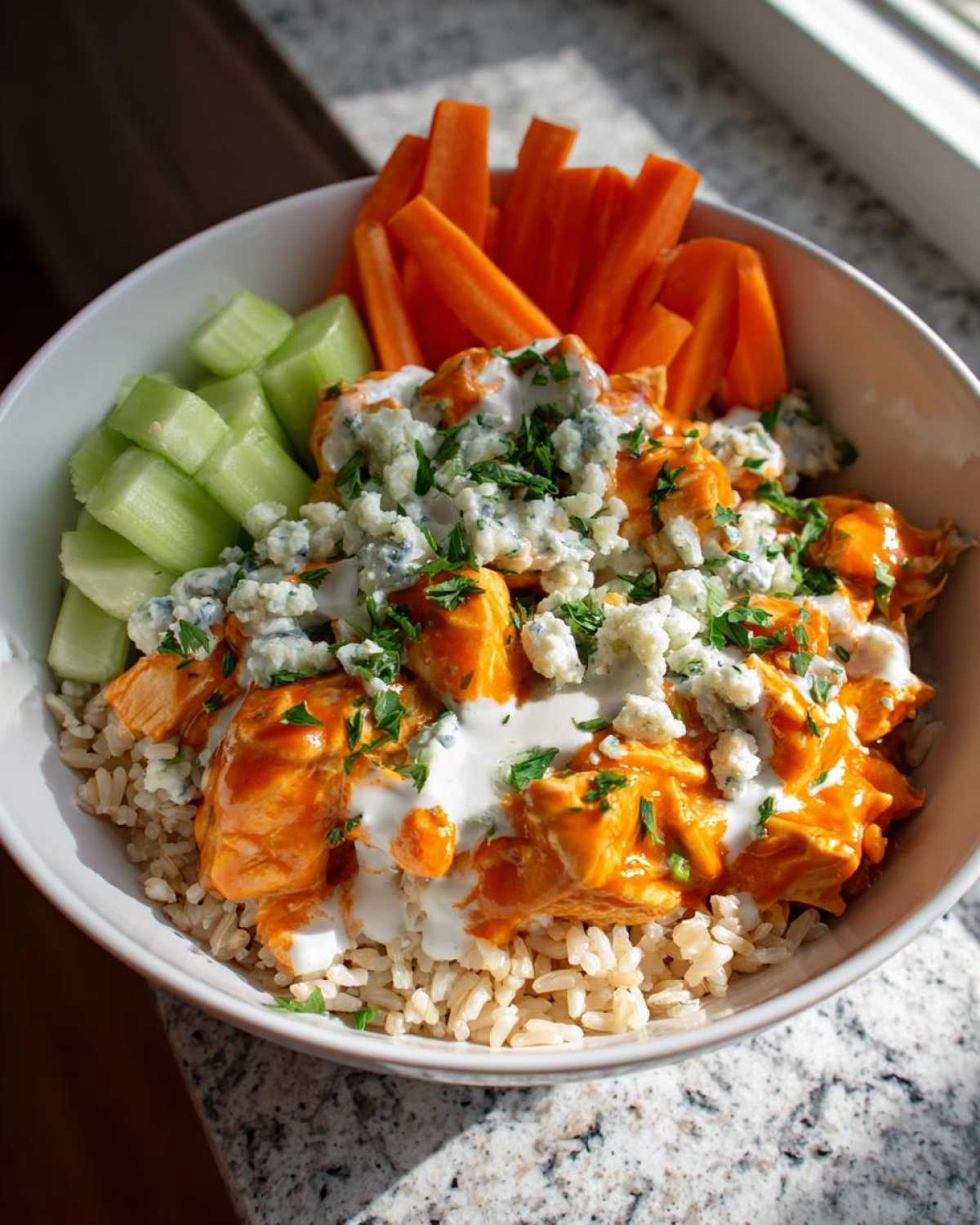 A healthy buffalo chicken bowl featuring orange sauced chicken over brown rice, topped with blue cheese and served with celery and carrot sticks.