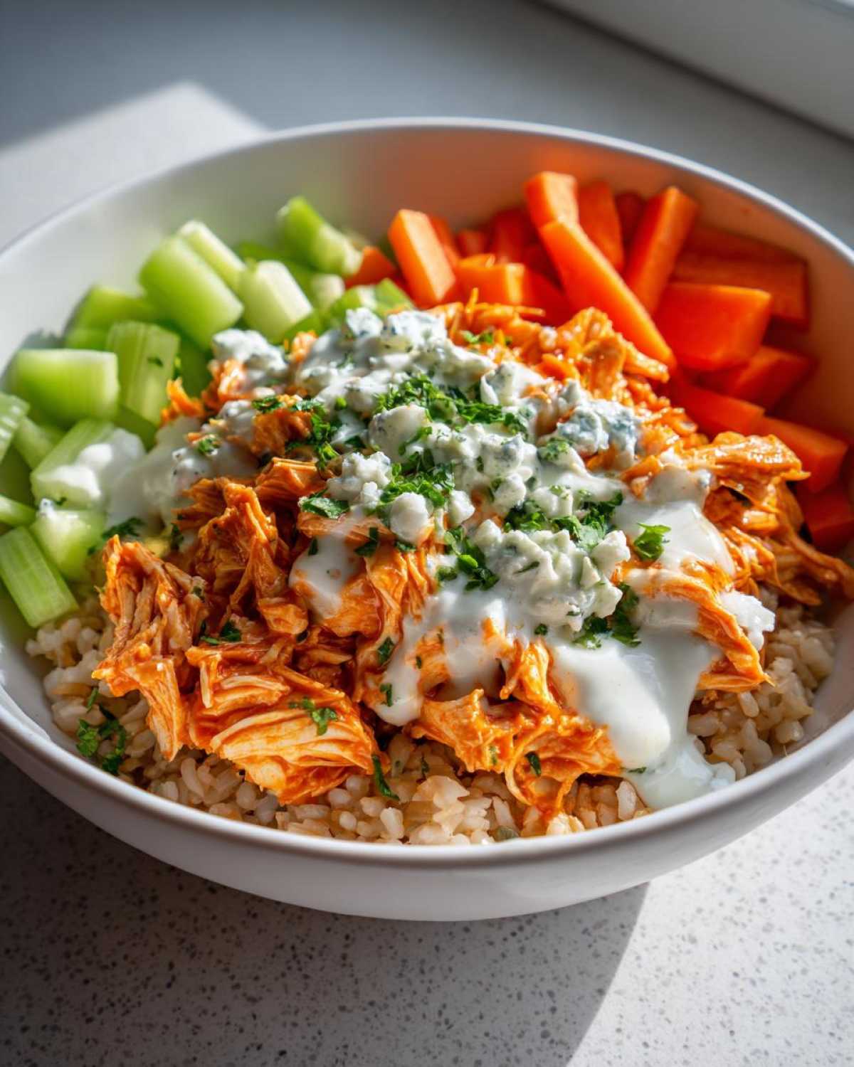 A close-up of a healthy buffalo chicken bowl featuring shredded chicken, brown rice, celery, carrots, and blue cheese dressing.
