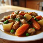A close-up, appetizing serving of slow cooker chicken stew featuring chunks of chicken, carrots, potatoes, and peas in a rich broth.
