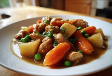 A close-up, appetizing serving of slow cooker chicken stew featuring chunks of chicken, carrots, potatoes, and peas in a rich broth.