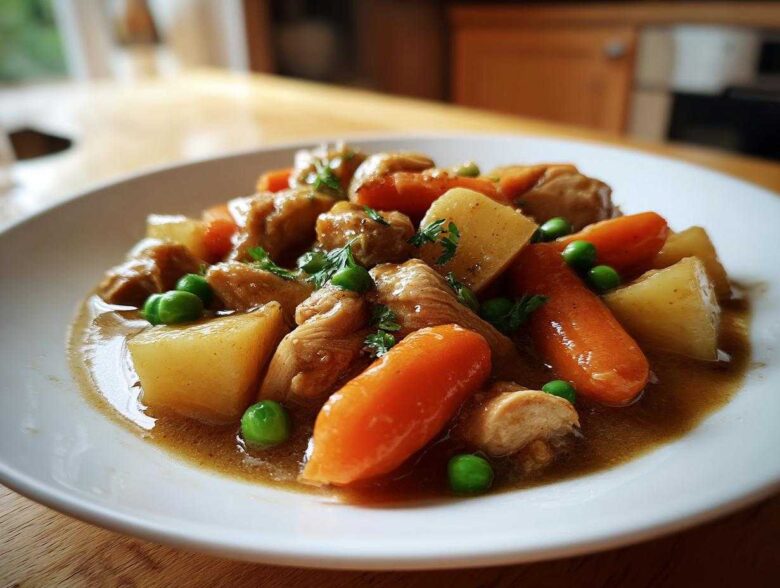 A close-up, appetizing serving of slow cooker chicken stew featuring chunks of chicken, carrots, potatoes, and peas in a rich broth.