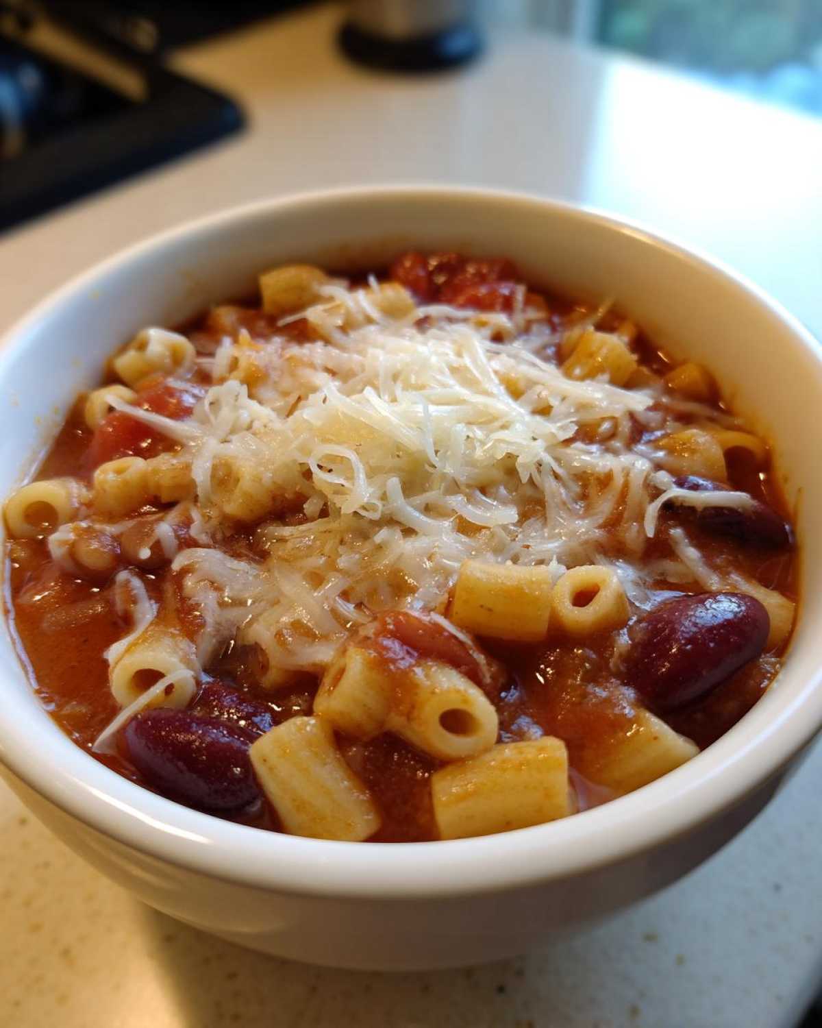 Close-up of a white bowl filled with rich pasta fagioli, featuring ditalini pasta, kidney beans, and topped with shredded cheese.