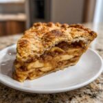 A thick slice of homemade apple pie showing layered, spiced apples and a flaky, golden-brown crust.