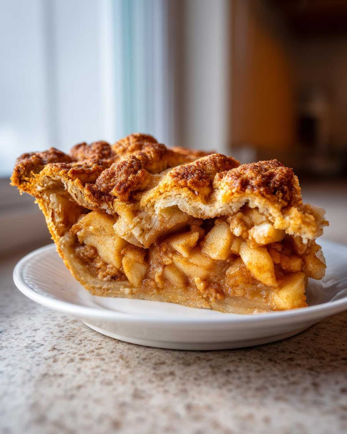 Close-up of a thick slice of homemade apple pie showing cinnamon-spiced apple filling and a crumbly top crust.