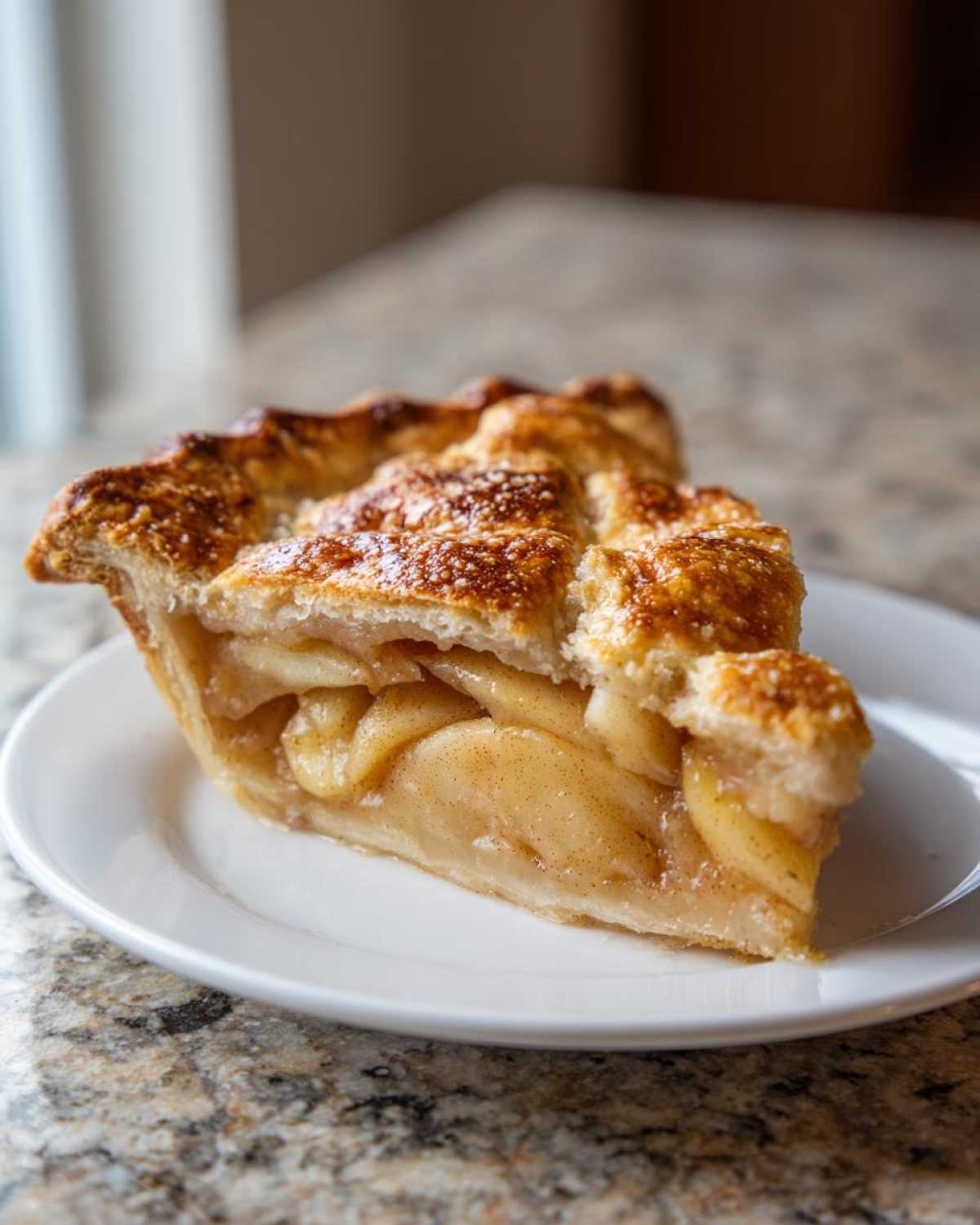 A close-up of a slice of homemade apple pie showing tender spiced apples and a flaky, golden-brown lattice crust.