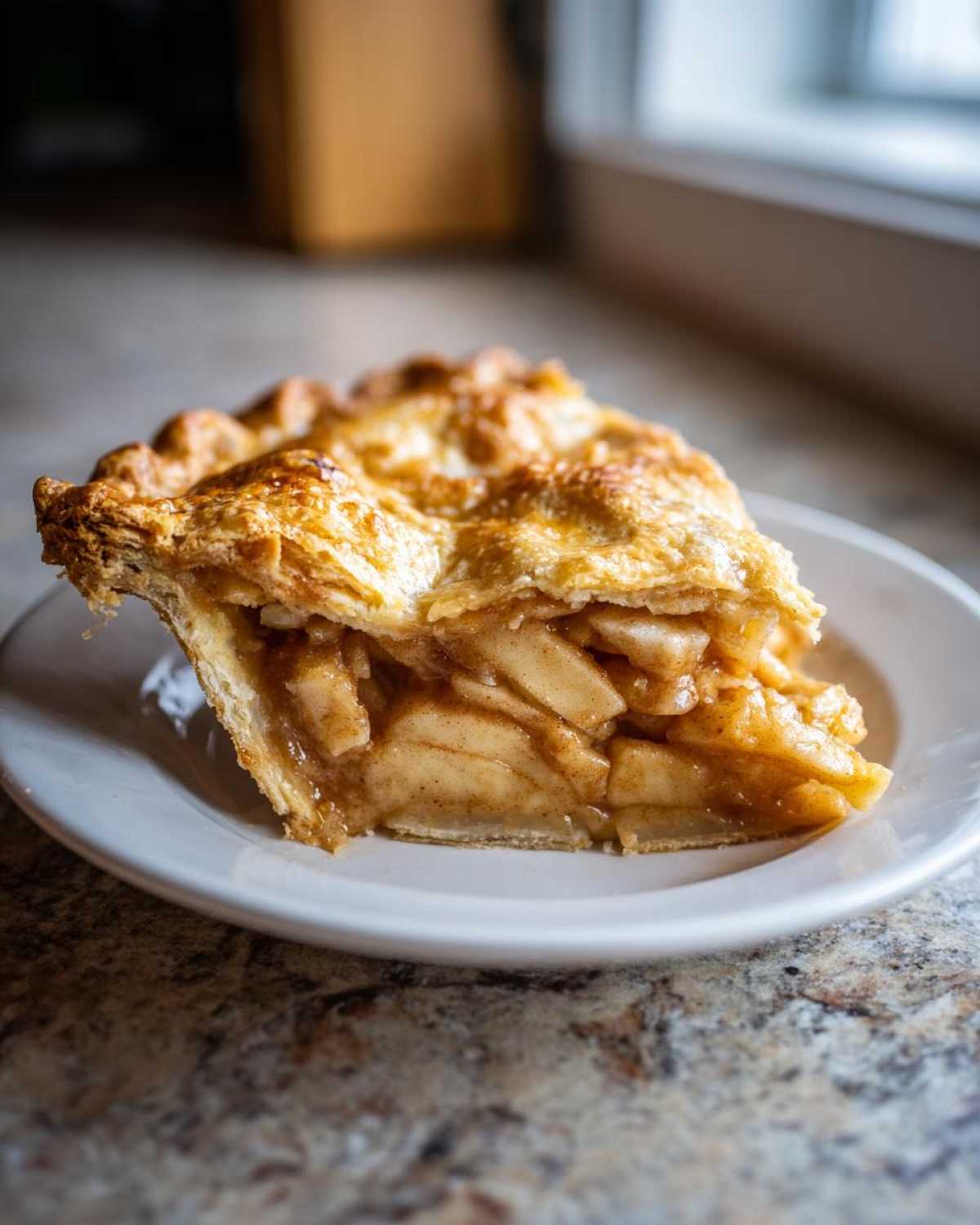 Close-up of a slice of homemade apple pie showing thick apple filling and golden, flaky crust on a white plate.