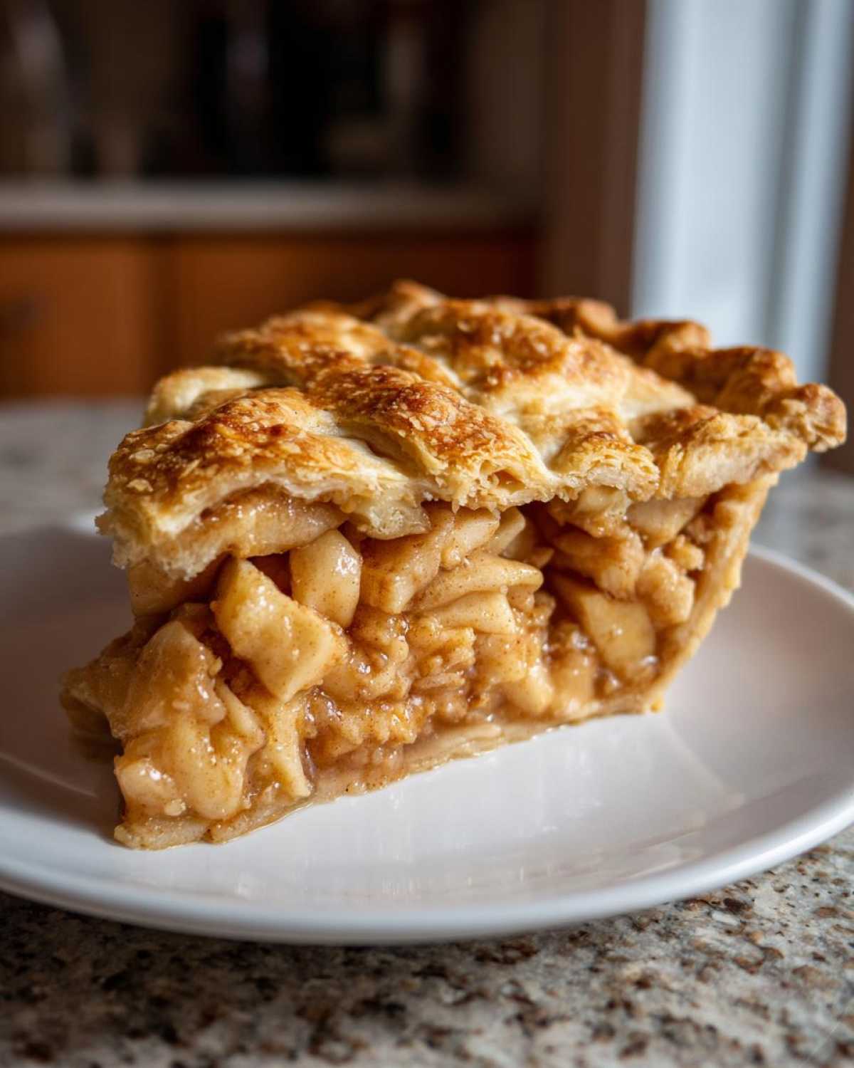 A close-up of a thick slice of homemade apple pie showing the gooey apple filling and golden lattice crust.