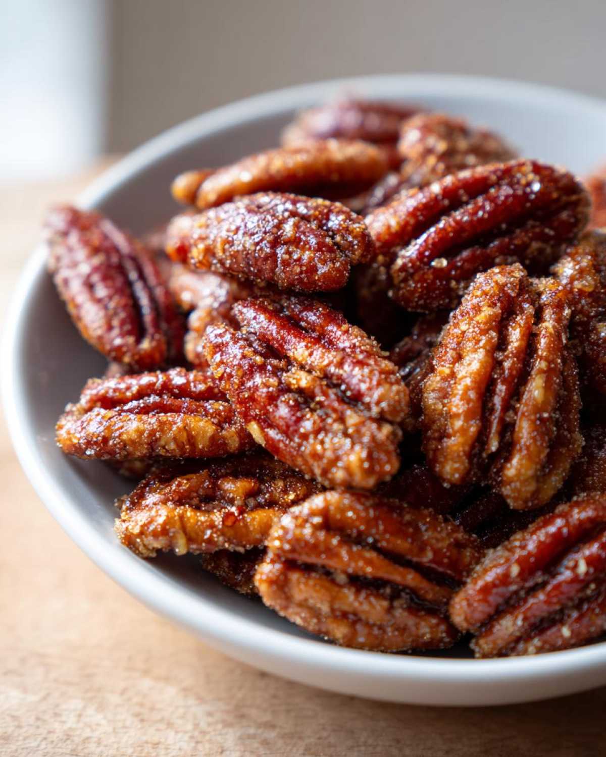 A close-up shot of glossy, sweet candied pecans piled high in a light gray bowl.