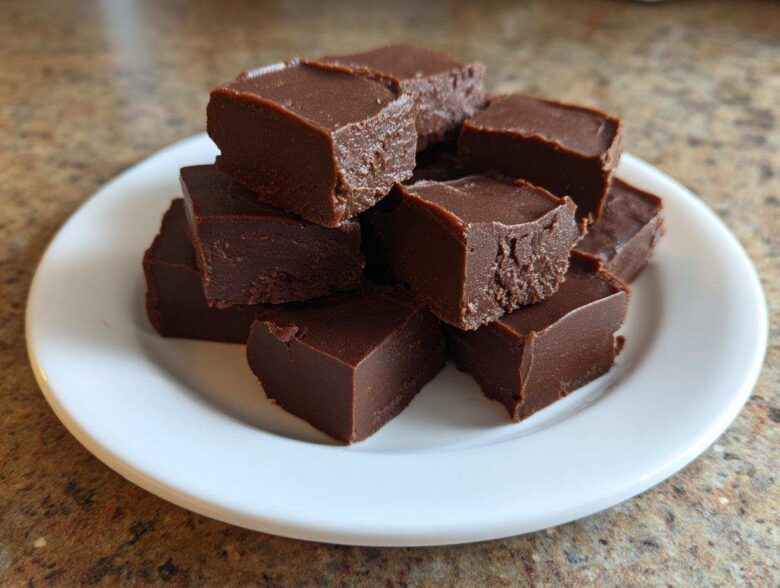 A stack of rich, dark chocolate fudge squares piled high on a small white plate.