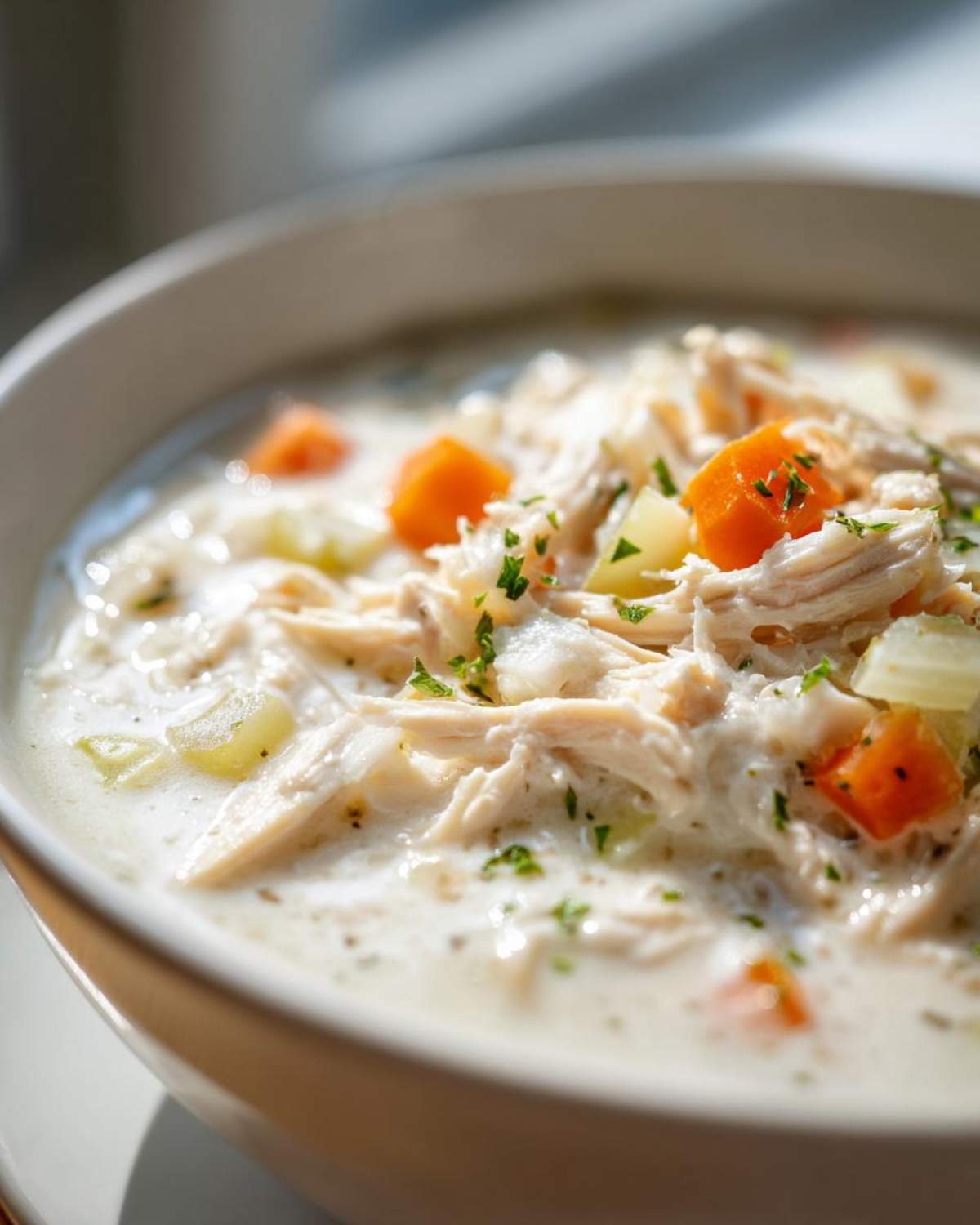 Close-up of a creamy bowl of homemade cream of chicken soup, loaded with shredded chicken, carrots, and celery.