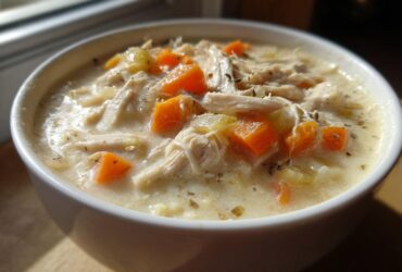 Close-up of a white bowl filled with rich homemade cream of chicken soup, featuring shredded chicken and diced carrots.