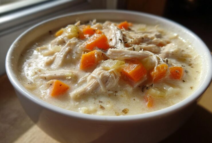 Close-up of a white bowl filled with rich homemade cream of chicken soup, featuring shredded chicken and diced carrots.
