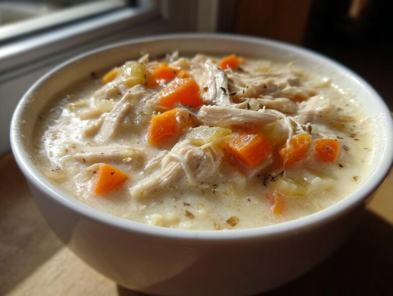 Close-up of a white bowl filled with rich homemade cream of chicken soup, featuring shredded chicken and diced carrots.
