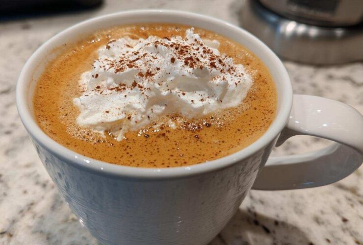 Close-up of a homemade pumpkin spice latte in a white mug, topped with whipped cream and cinnamon.