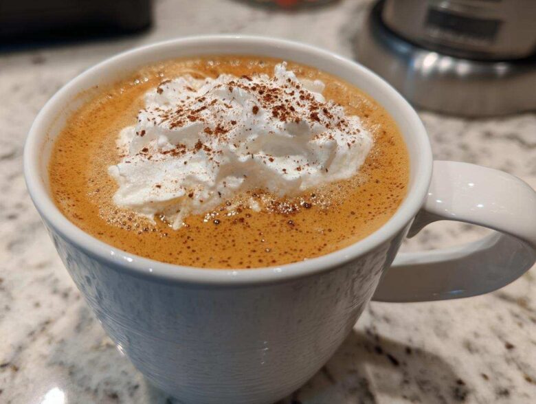 Close-up of a homemade pumpkin spice latte in a white mug, topped with whipped cream and cinnamon.