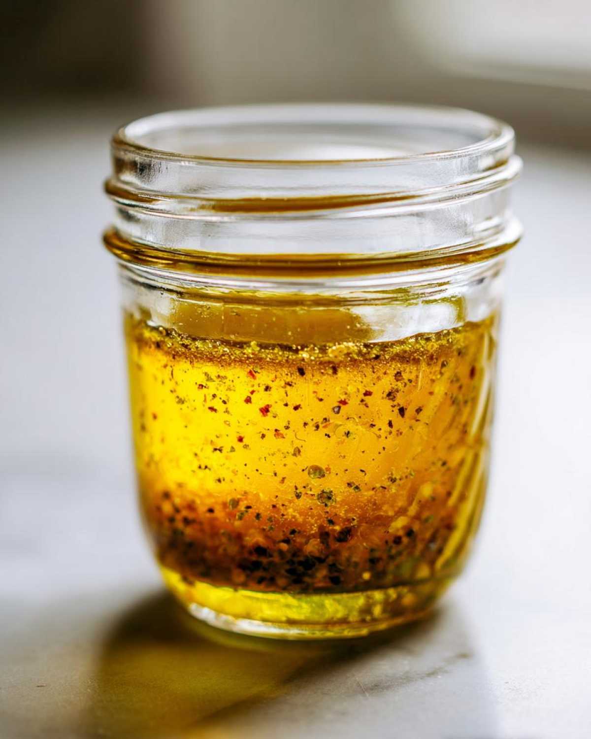 Close-up of homemade vinaigrette salad dressing separating in a small glass jar with visible herbs and spices.
