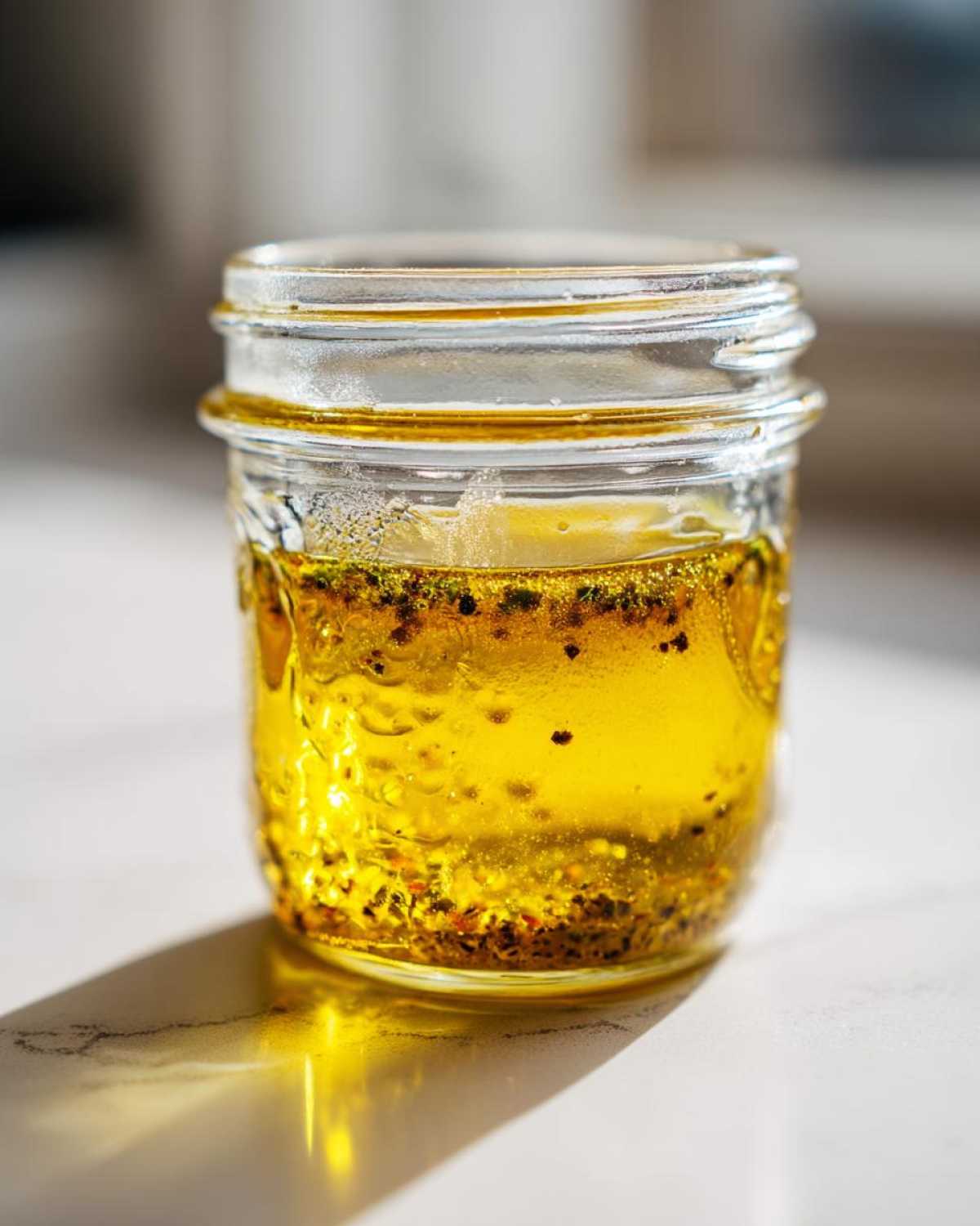 Close-up of golden homemade salad dressing, likely vinaigrette, separated in a small glass jar with visible herbs and spices.