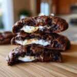 A stack of three halves of rich, fudgy hot chocolate cookies showing gooey melted marshmallow and chocolate.
