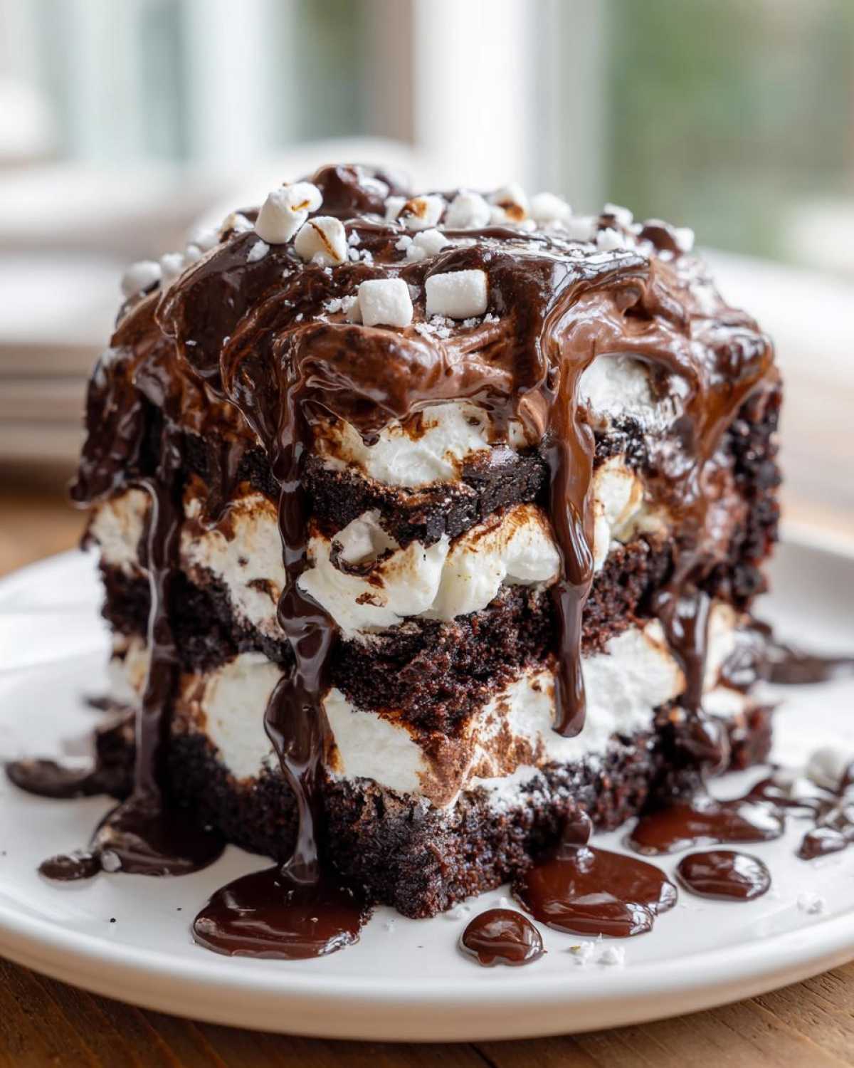 A tall, layered slice of hot chocolate poke cake dripping with fudge sauce and mini marshmallows.