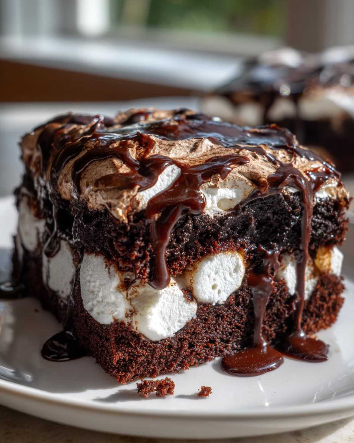 Close-up of a rich slice of hot chocolate poke cake featuring visible marshmallows soaked in chocolate and drizzled with fudge sauce.