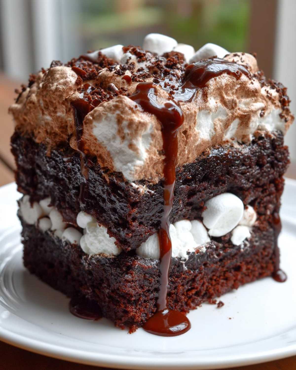 A rich slice of hot chocolate poke cake layered with cream filling, topped with chocolate frosting, mini marshmallows, and fudge drizzle.