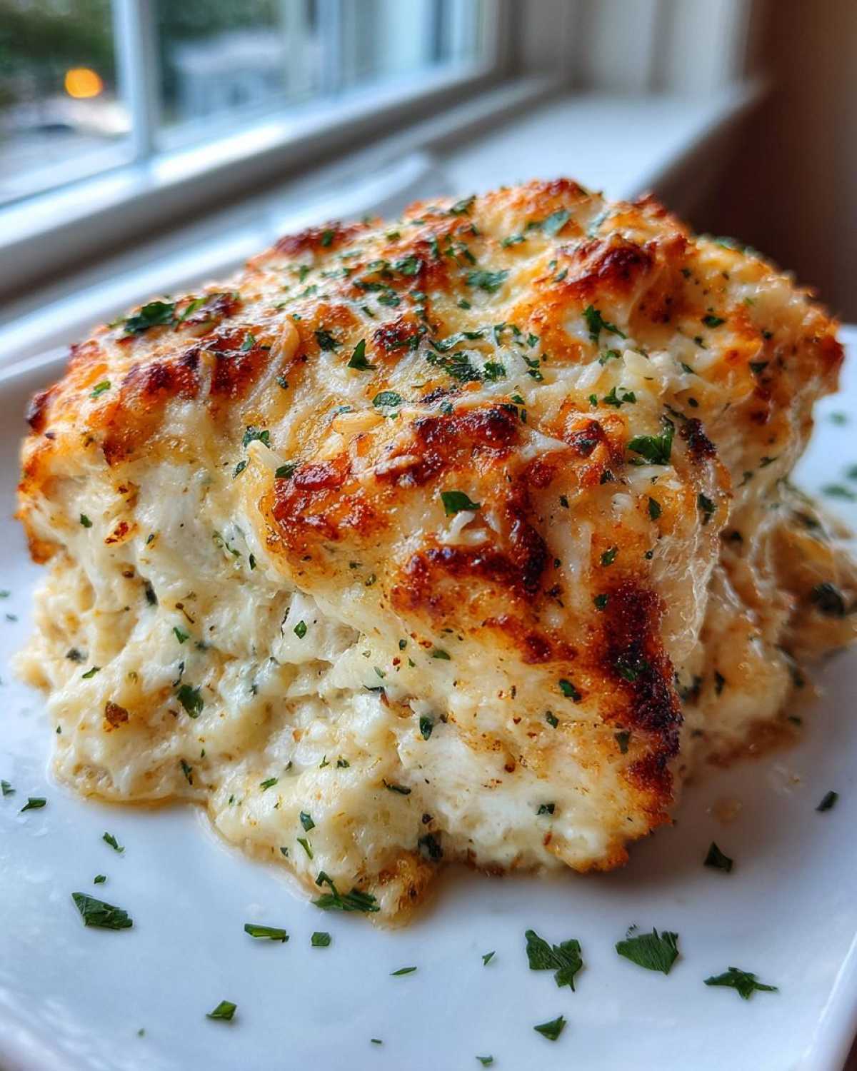 A close-up of juicy baked ranch chicken covered in melted, browned cheese and sprinkled with parsley.