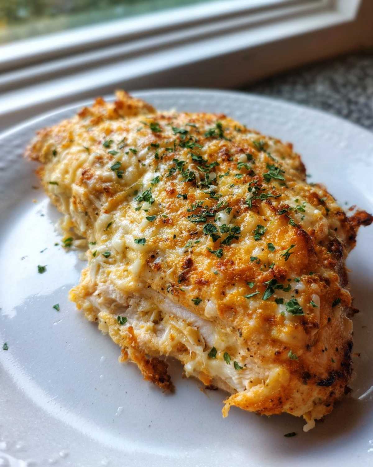 A close-up of juicy baked ranch chicken topped with melted, golden cheese and fresh parsley.