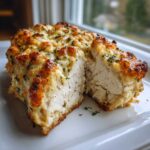 Close-up of juicy baked ranch chicken cut in half, showing moist white meat and a golden, cheesy ranch topping.
