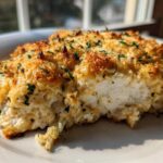 Close-up of juicy baked ranch chicken showing the moist white meat and golden, crispy topping.