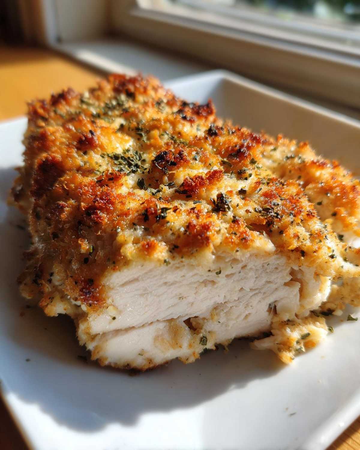 Close-up of a juicy baked ranch chicken breast cut in half, showing the white interior and crispy seasoned topping.