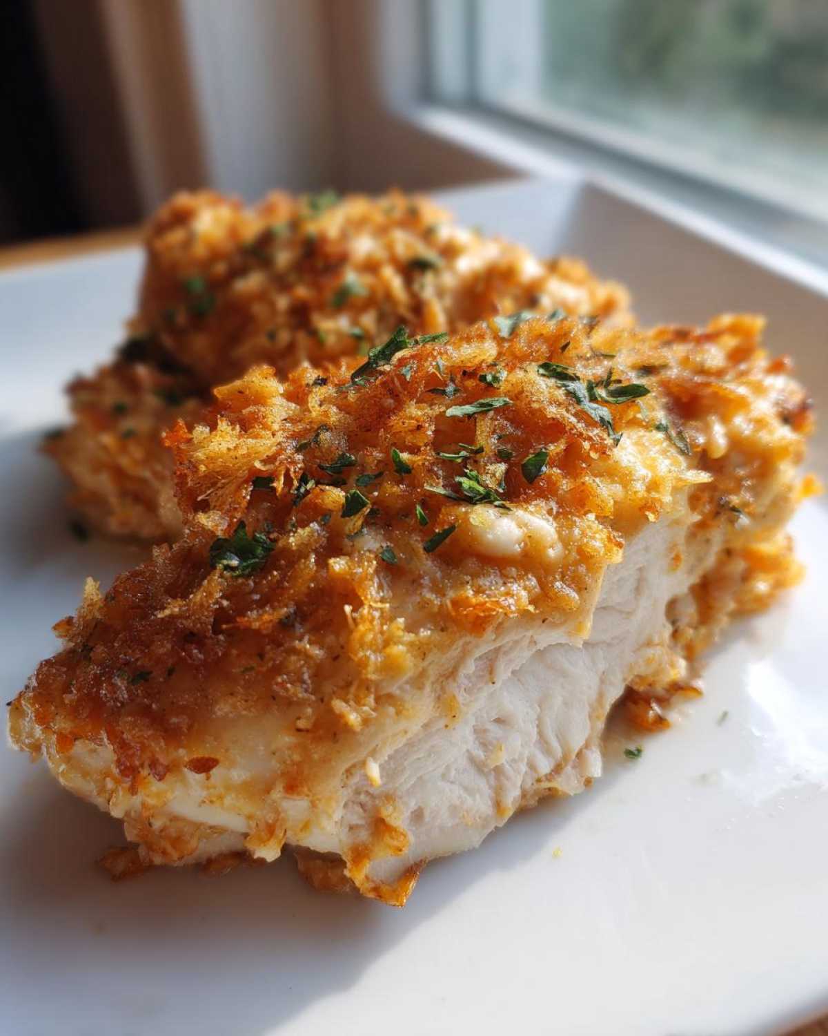 Close-up of juicy baked ranch chicken breast, showing a crispy topping and moist white meat inside.