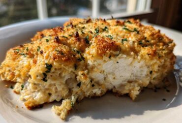 Close-up of juicy baked ranch chicken showing the moist white meat and golden, crispy topping.