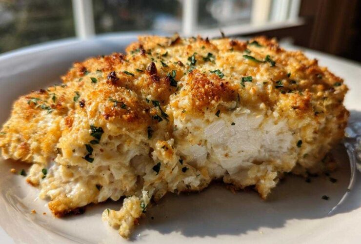 Close-up of juicy baked ranch chicken showing the moist white meat and golden, crispy topping.