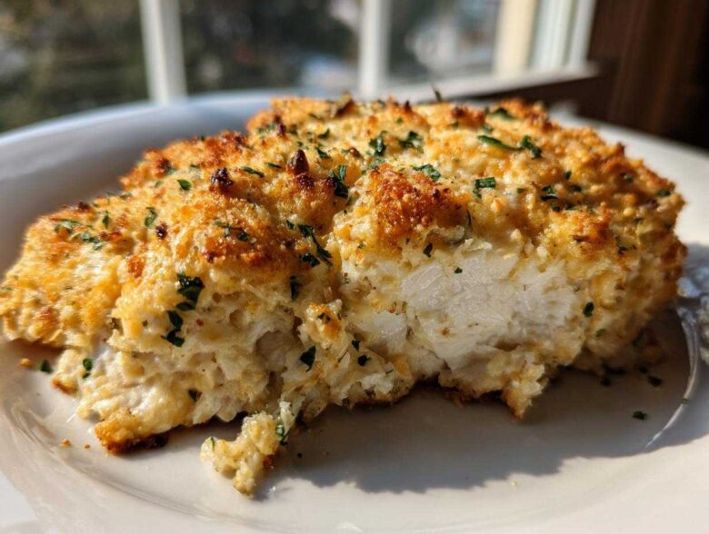 Close-up of juicy baked ranch chicken showing the moist white meat and golden, crispy topping.