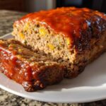 A freshly baked meatloaf with a thick, shiny glaze, showing one slice cut and revealing a moist interior.