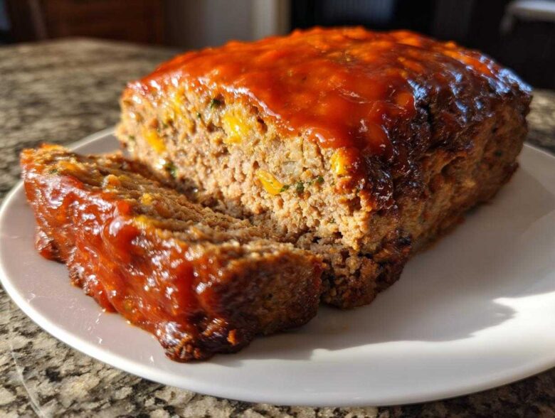 A freshly baked meatloaf with a thick, shiny glaze, showing one slice cut and revealing a moist interior.
