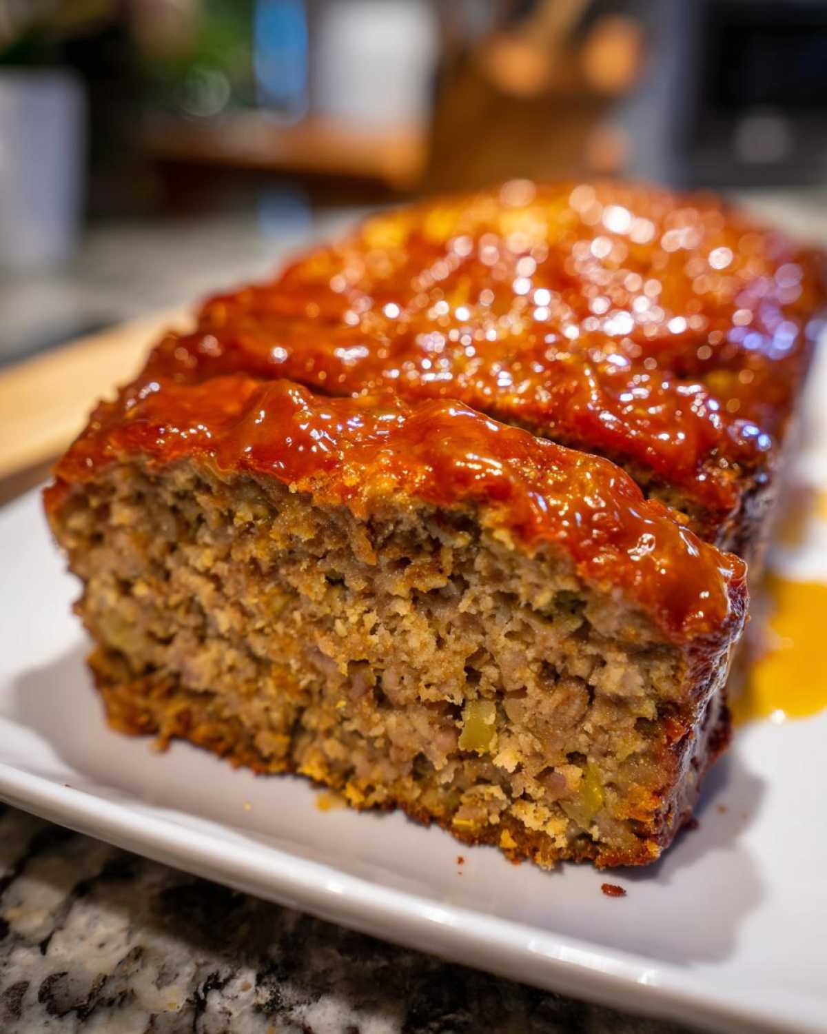 A thick slice of juicy meatloaf topped with a shiny, thick glaze, showing the moist interior texture.
