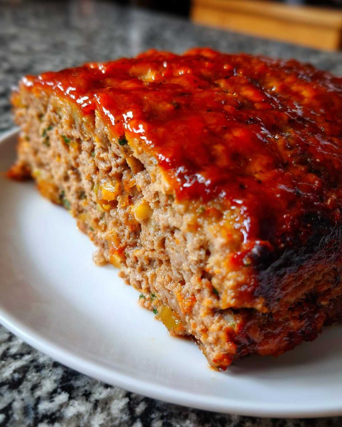 Close-up of a thick slice of juicy meatloaf topped with a shiny, reddish-brown glaze.