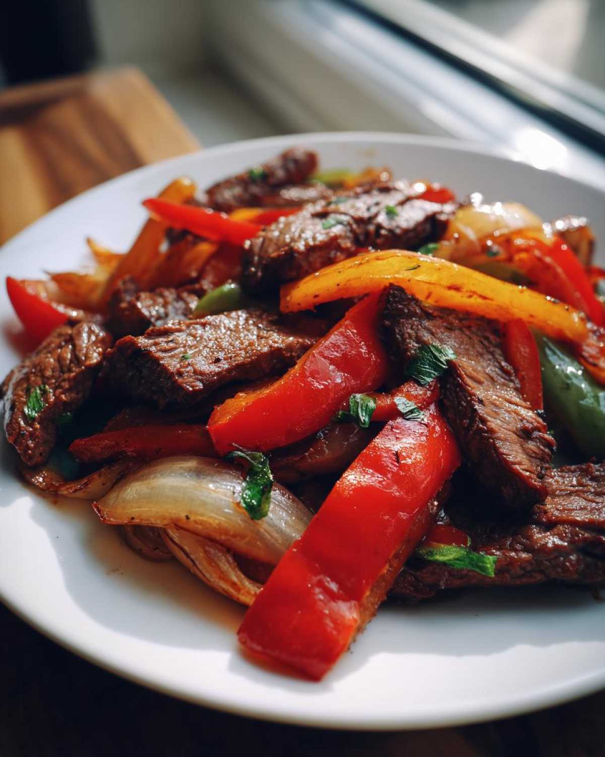 Close-up of juicy steak fajitas mixed with vibrant red and yellow bell peppers and caramelized onions on a white plate.