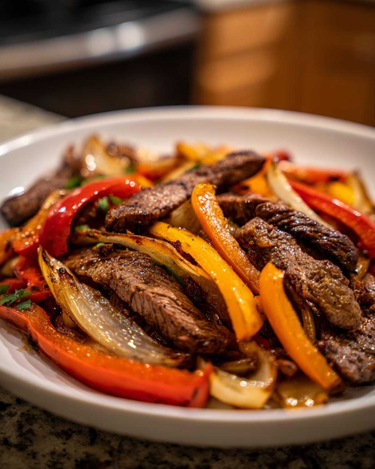 A close-up shot of seasoned, sliced steak mixed with colorful, roasted bell peppers and onions, ready to eat steak fajitas.