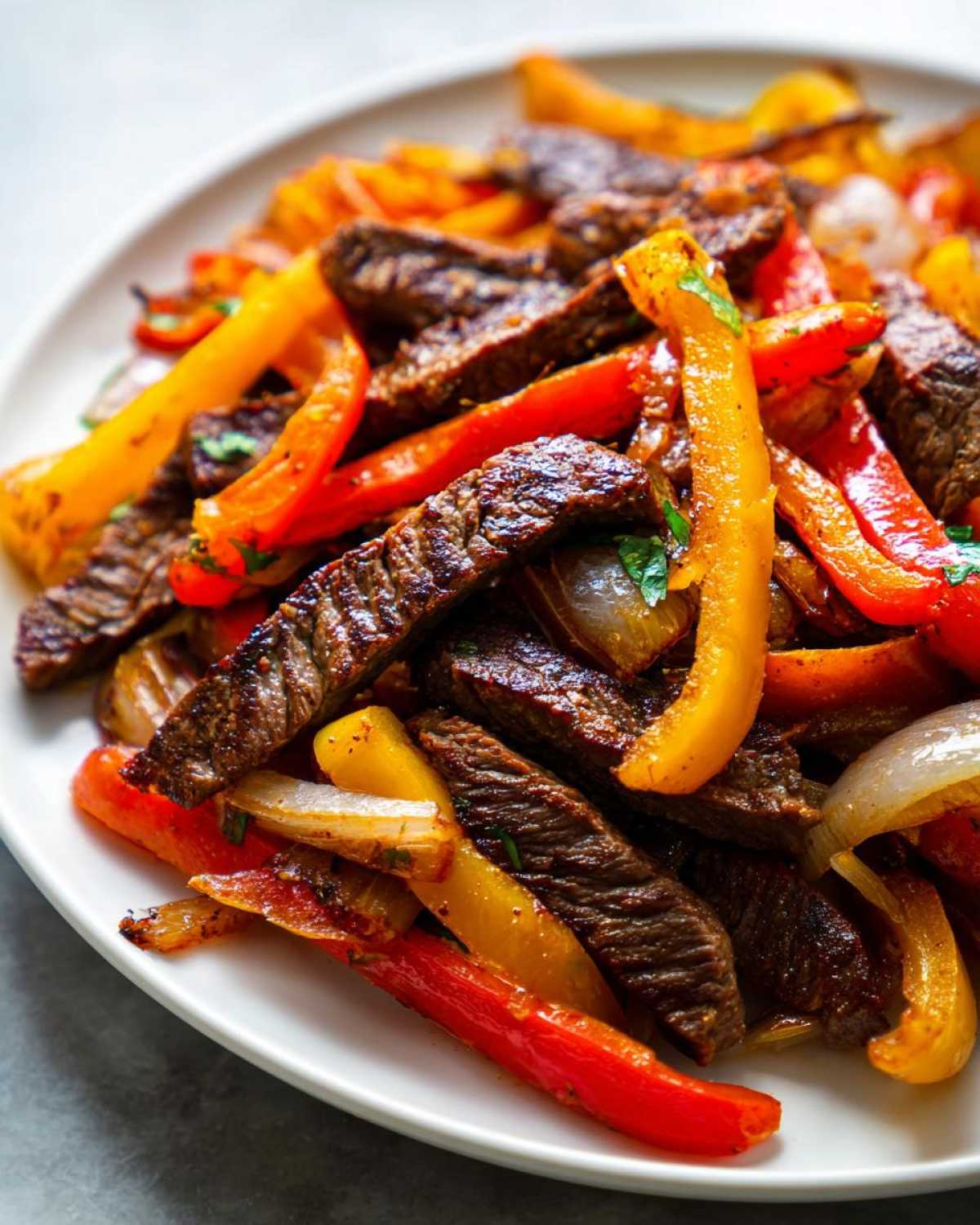 Close-up of juicy steak fajitas strips mixed with caramelized red and yellow bell peppers and onions on a white plate.
