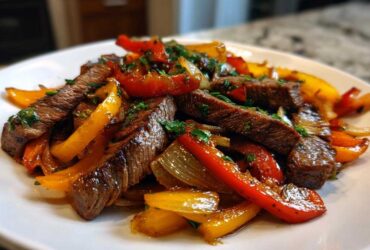 Close-up of juicy steak fajitas featuring sliced steak, red and yellow peppers, and onions, garnished with herbs.