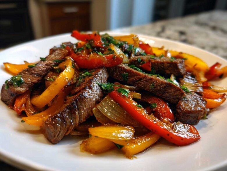 Close-up of juicy steak fajitas featuring sliced steak, red and yellow peppers, and onions, garnished with herbs.