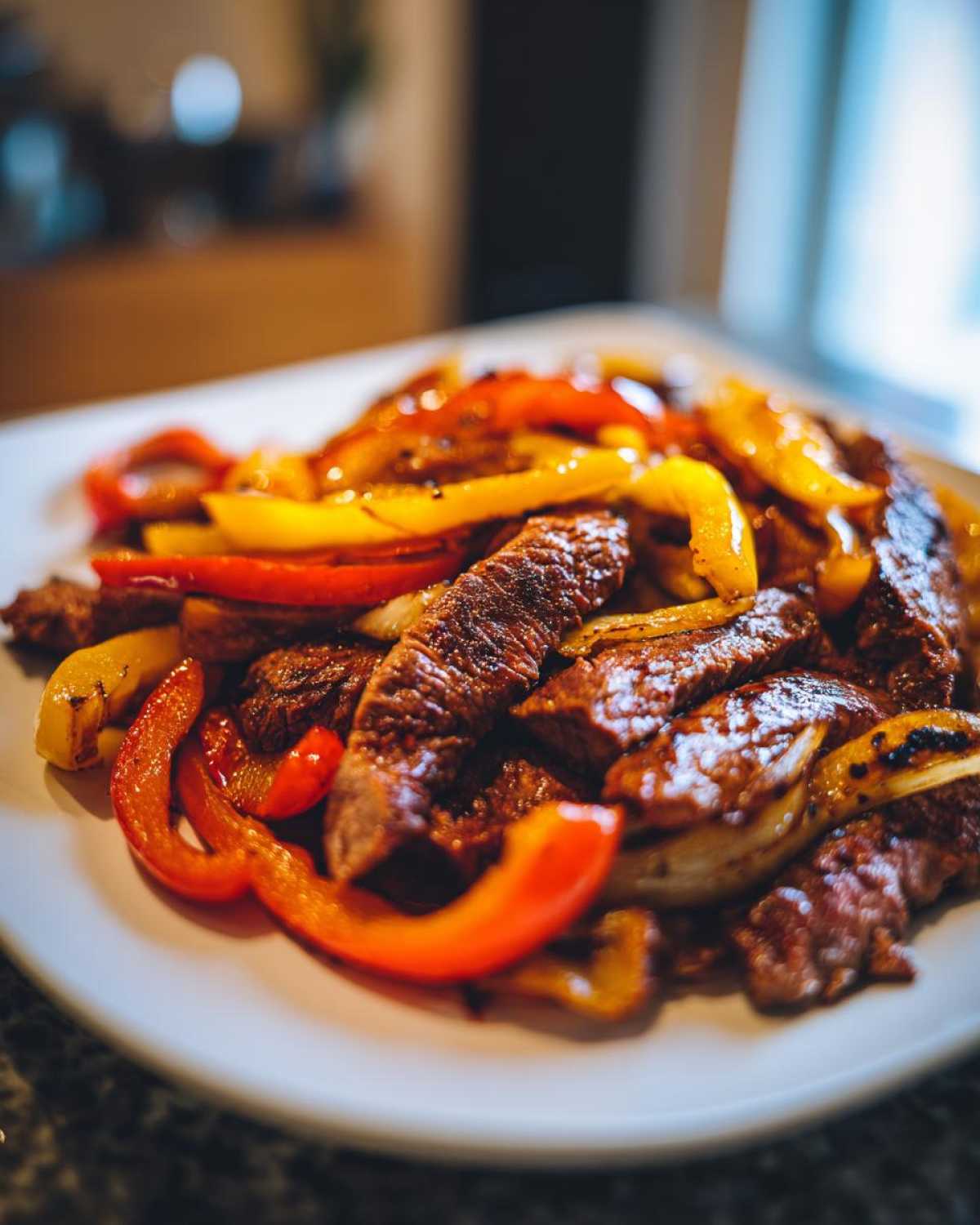 Close-up of juicy steak fajitas featuring seared strips of steak mixed with vibrant red and yellow bell peppers.